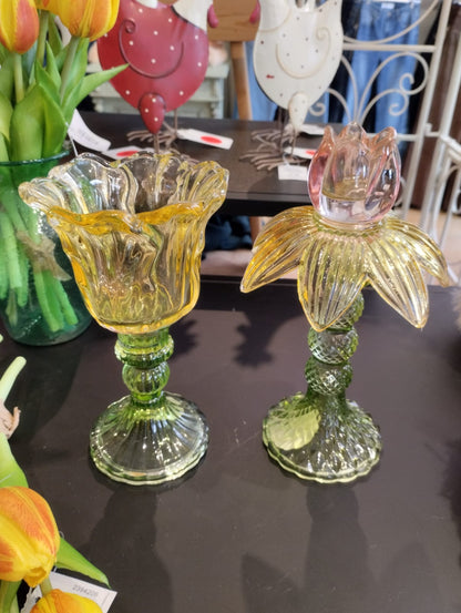 Ljusstake Tulpan i glas, gul/grön/rosa (B/H/D) 11 × 20 × 11 cm