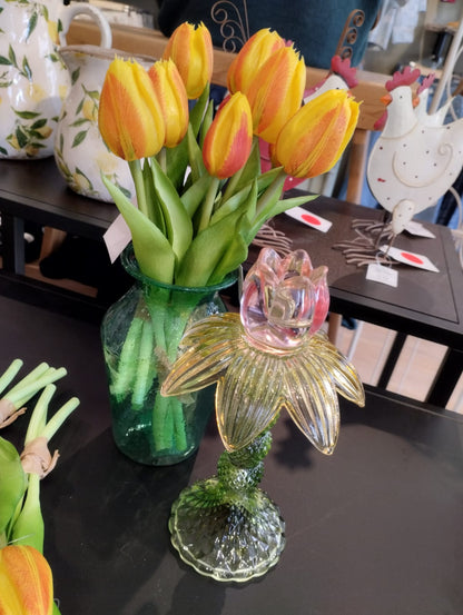 Ljusstake Tulpan i glas, gul/grön/rosa (B/H/D) 11 × 20 × 11 cm