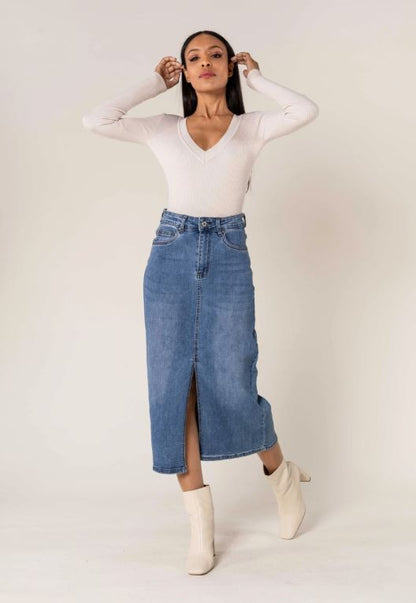 Denim jeans lång kjol med delad framsida - Nina Carter