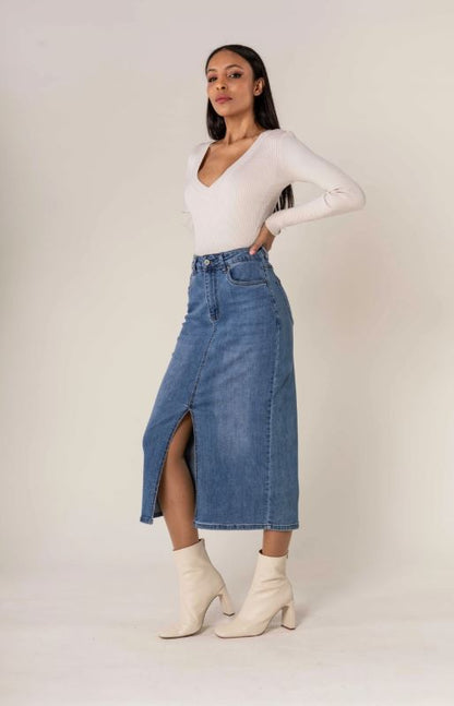 Denim jeans lång kjol med delad framsida - Nina Carter