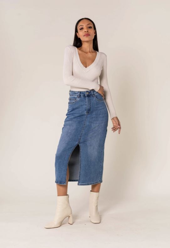 Denim jeans lång kjol med delad framsida - Nina Carter