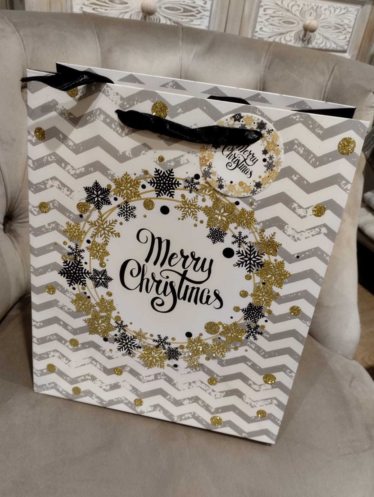 Presentpåse - Grå Med Glitter - Merry Christmas