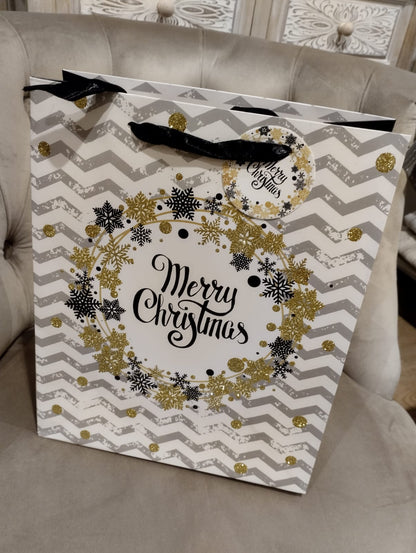Presentpåse - Grå Med Glitter - Merry Christmas