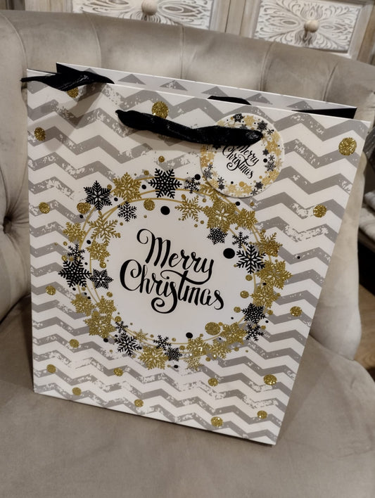 Presentpåse - Grå Med Glitter - Merry Christmas